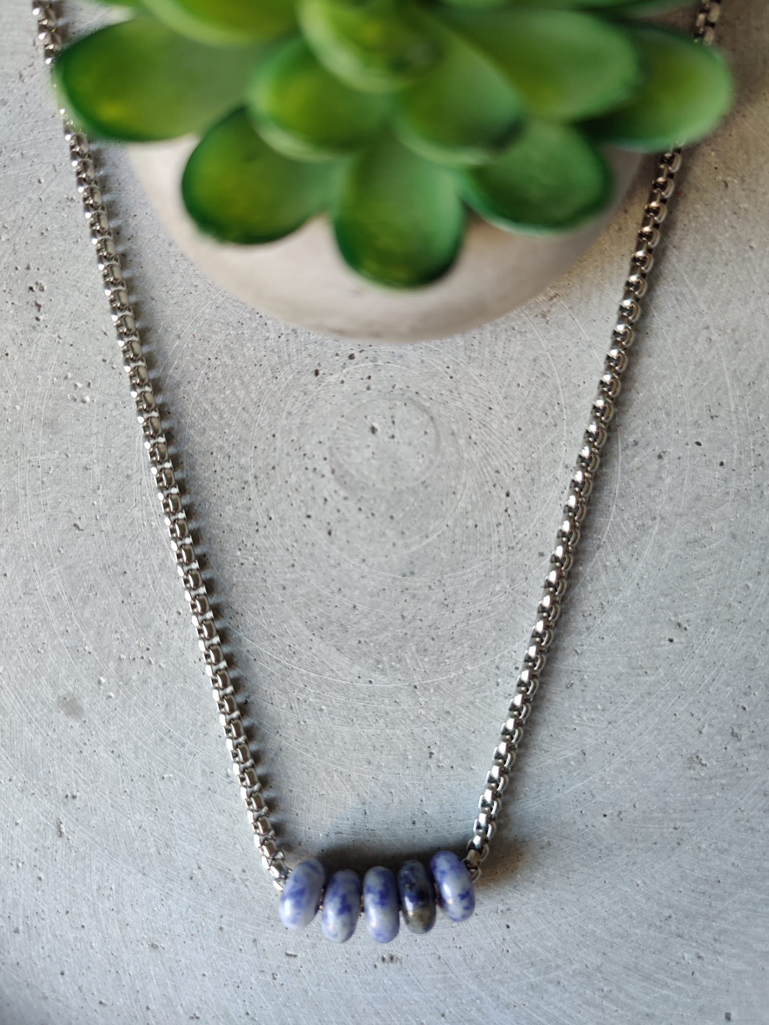 Blue Spot Jasper Donut on Box Chain Stainless Steel Necklace