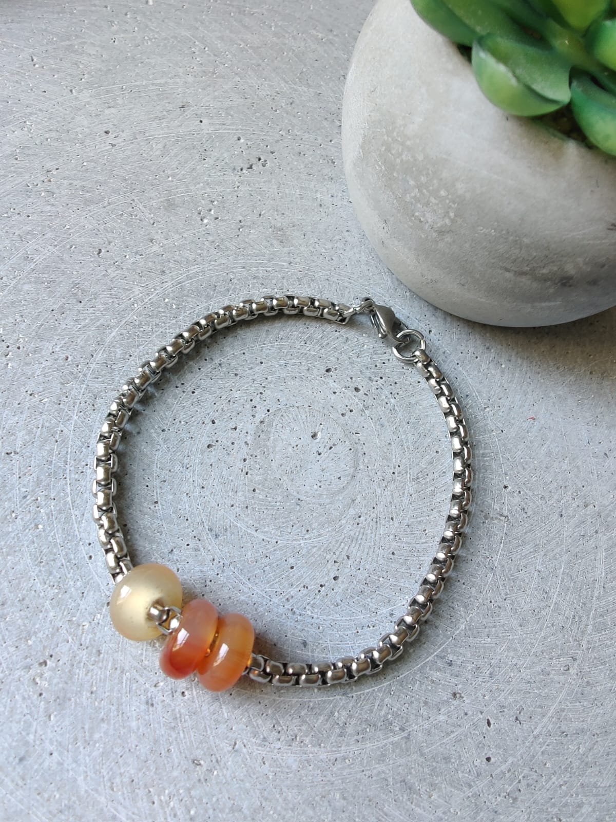 Carnelian Donut on Box Chain Stainless Steel Bracelet
