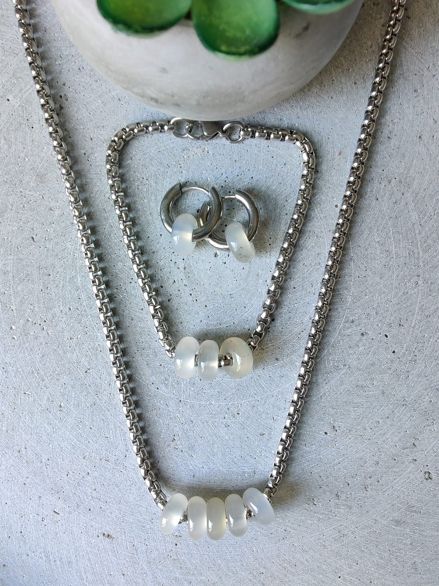 White Agate Donuts set including Box Chain Necklace, Bracelet and Huggie Earrings all on stainless steel