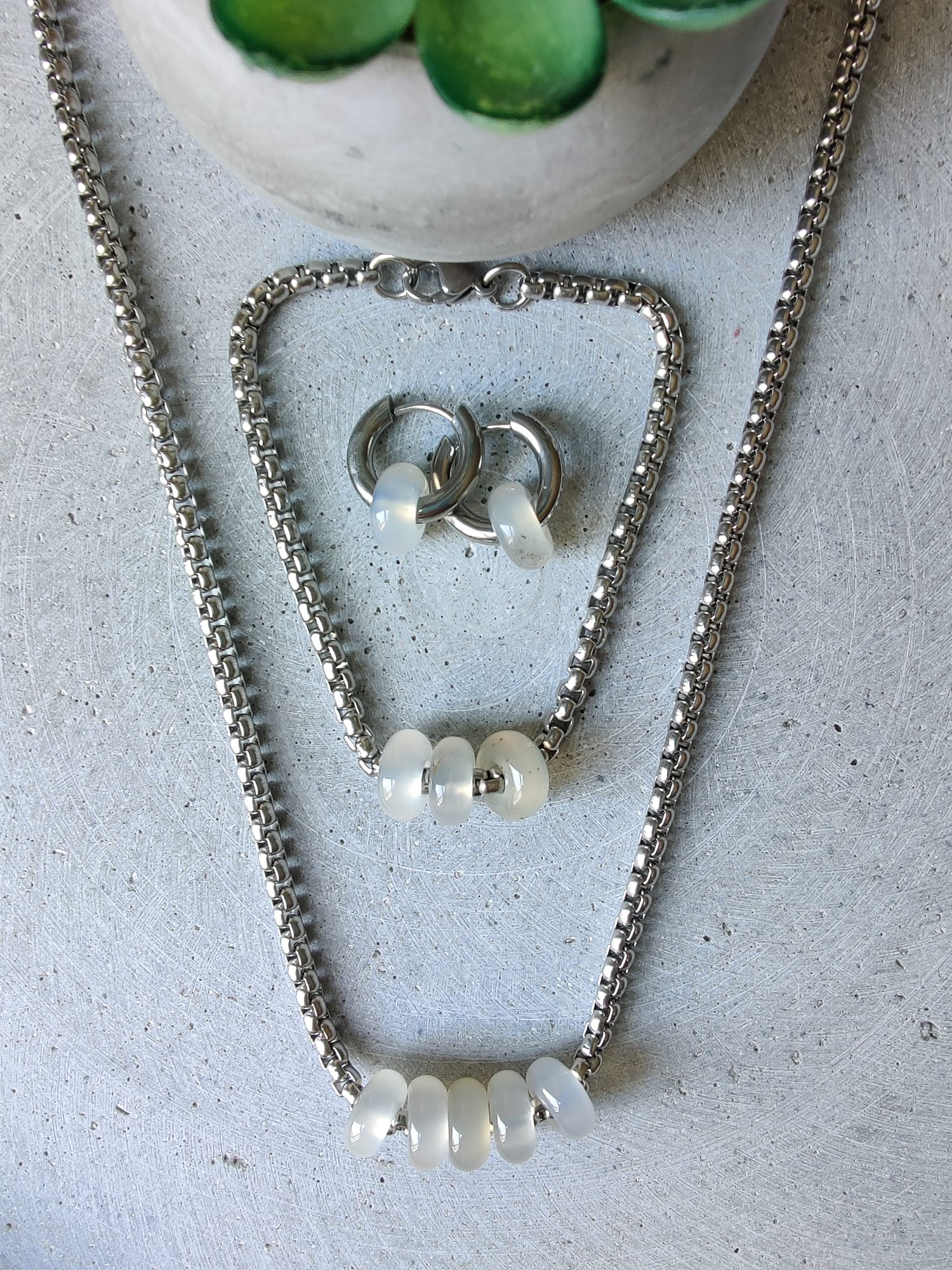 White Agate Donuts set including  Box Chain Necklace, Bracelet and Huggie Earrings all on stainless steel