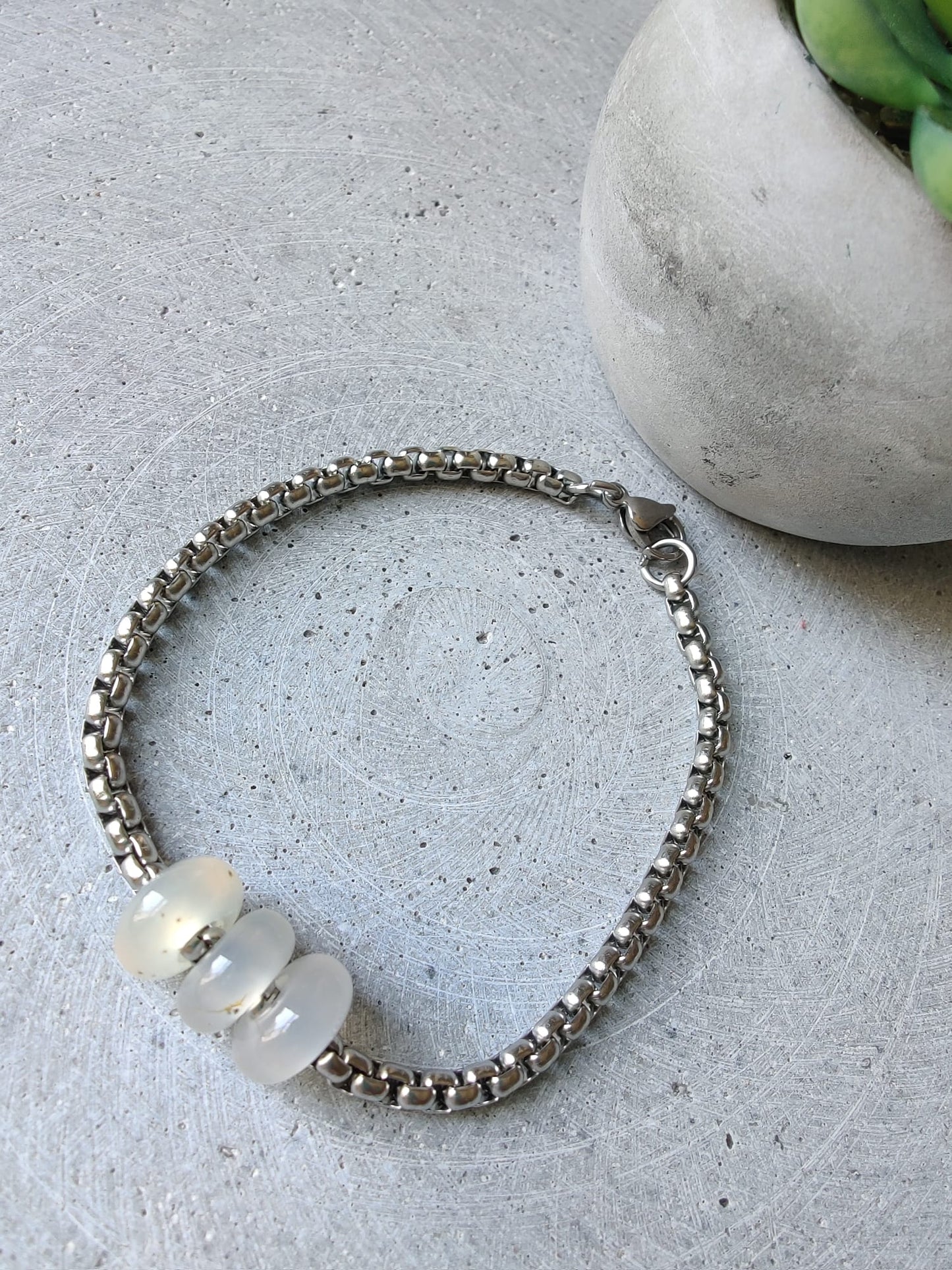 White Agate Donuts on Box Chain Stainless Steel Bracelet