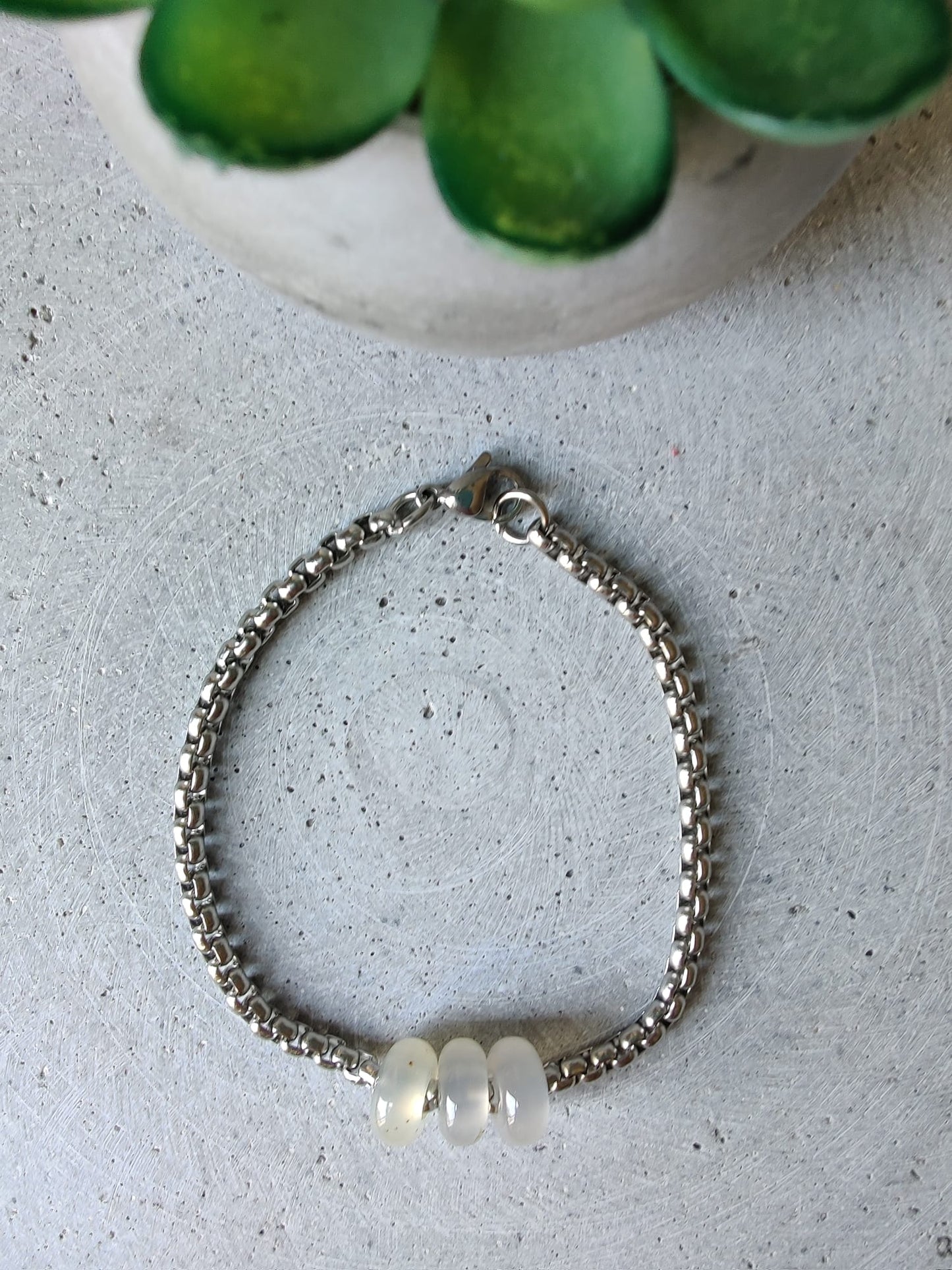 White Agate Donuts on Box Chain Stainless Steel Bracelet
