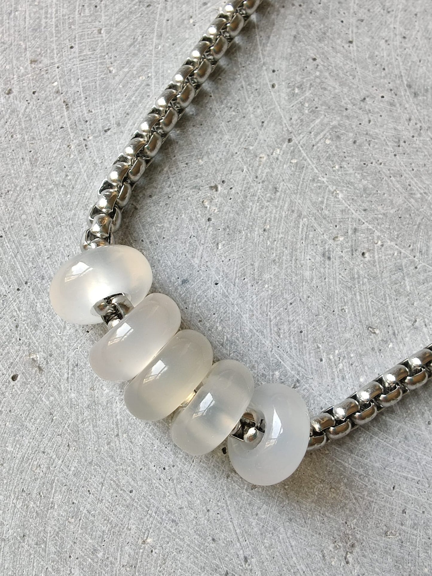 White Agate Donuts on Box Chain Stainless Steel Necklace