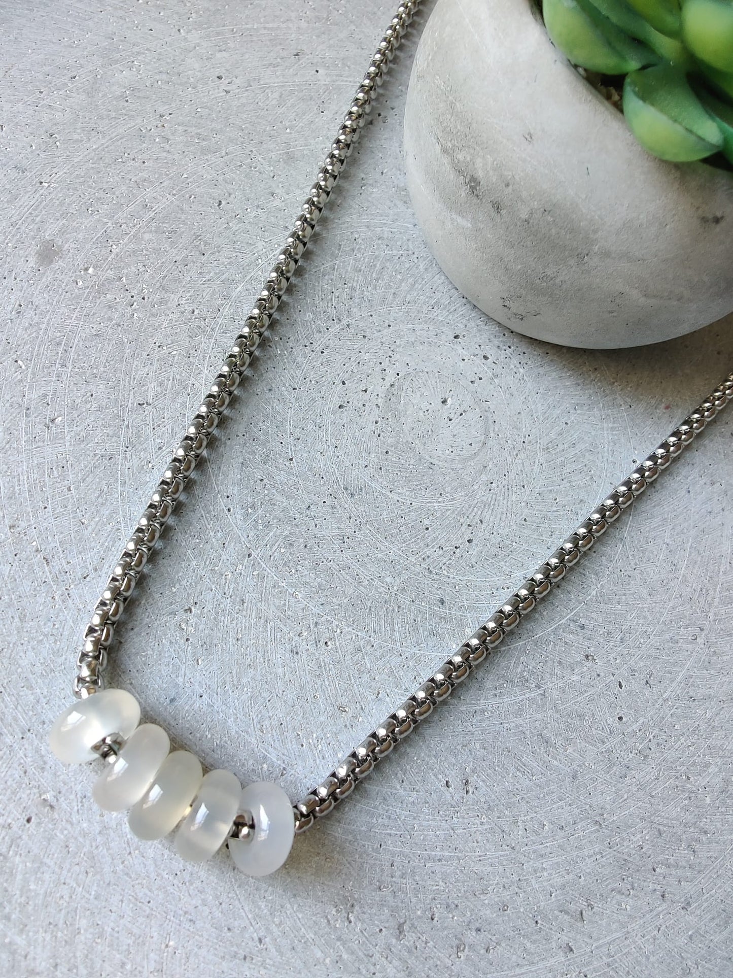 White Agate Donuts on Box Chain Stainless Steel Necklace