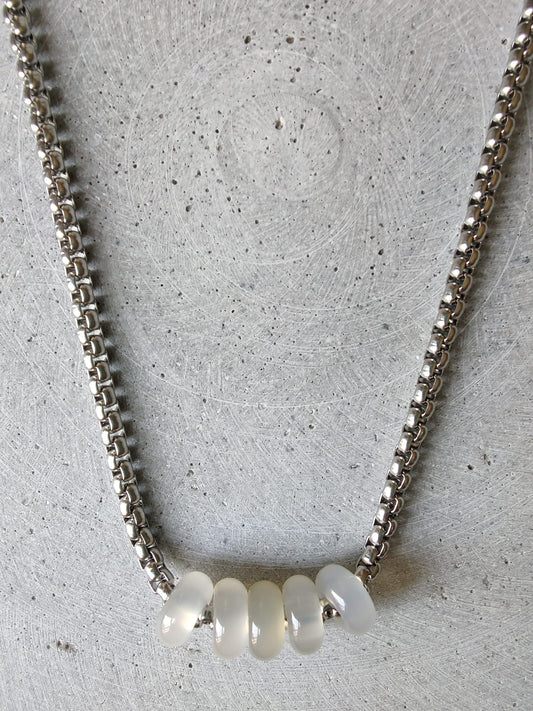 White Agate Donuts on Box Chain Stainless Steel Necklace