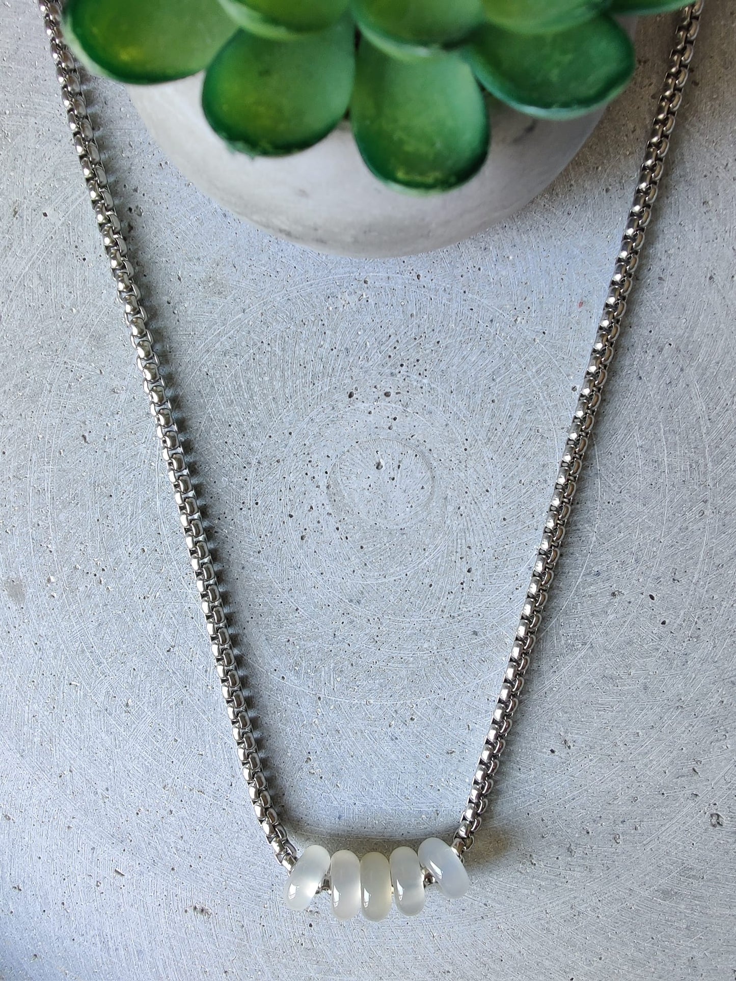 White Agate Donuts on Box Chain Stainless Steel Necklace