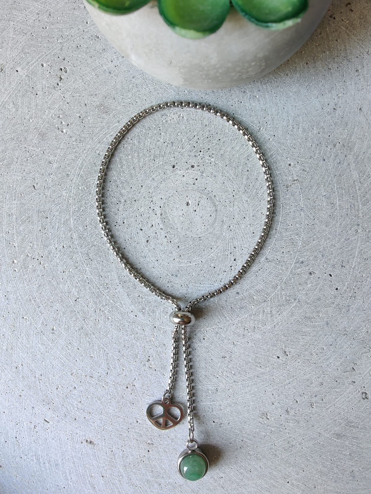 Green Aventurine Dangle Bracelet With Peace Heart Charm on Stainless Steel Box Chain