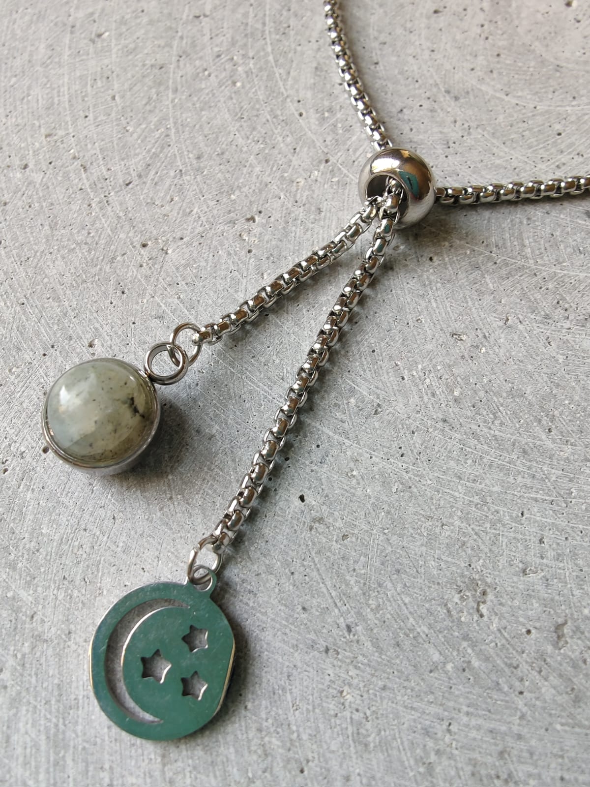 Labradorite Dangle Bracelet With Moon And Star Charm on Stainless Steel Box Chain