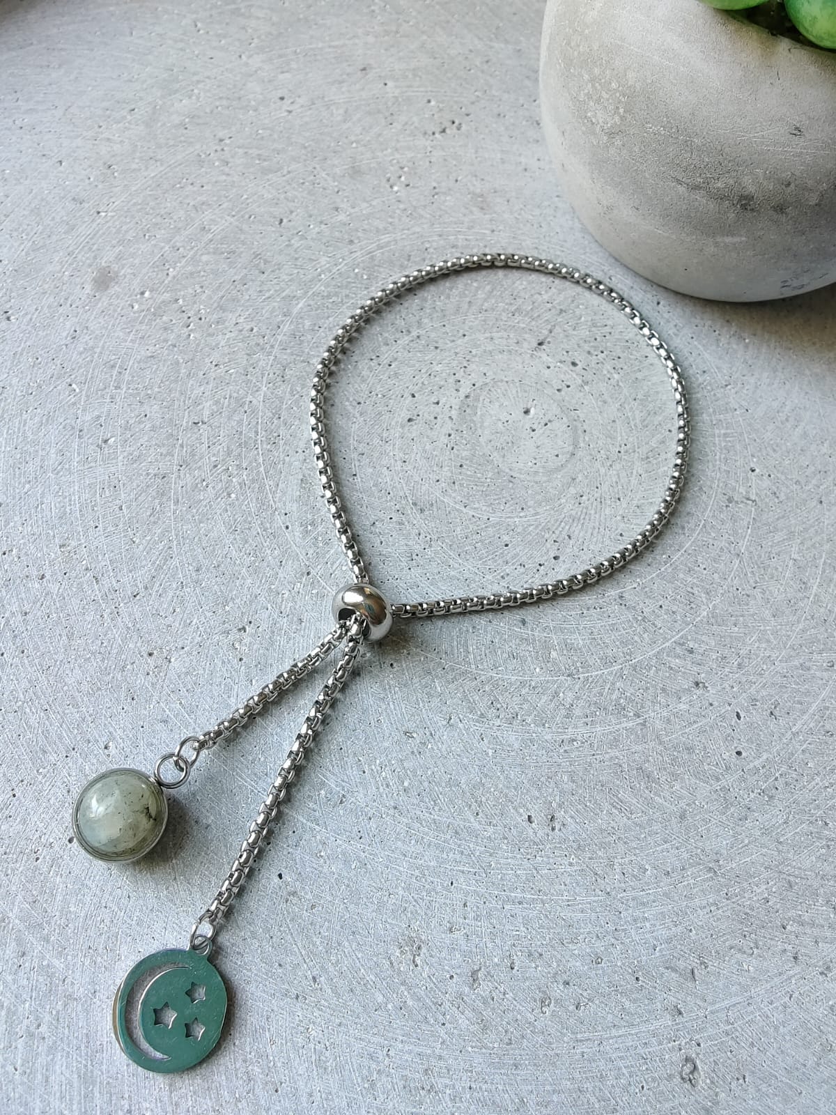 Labradorite Dangle Bracelet With Moon And Star Charm on Stainless Steel Box Chain