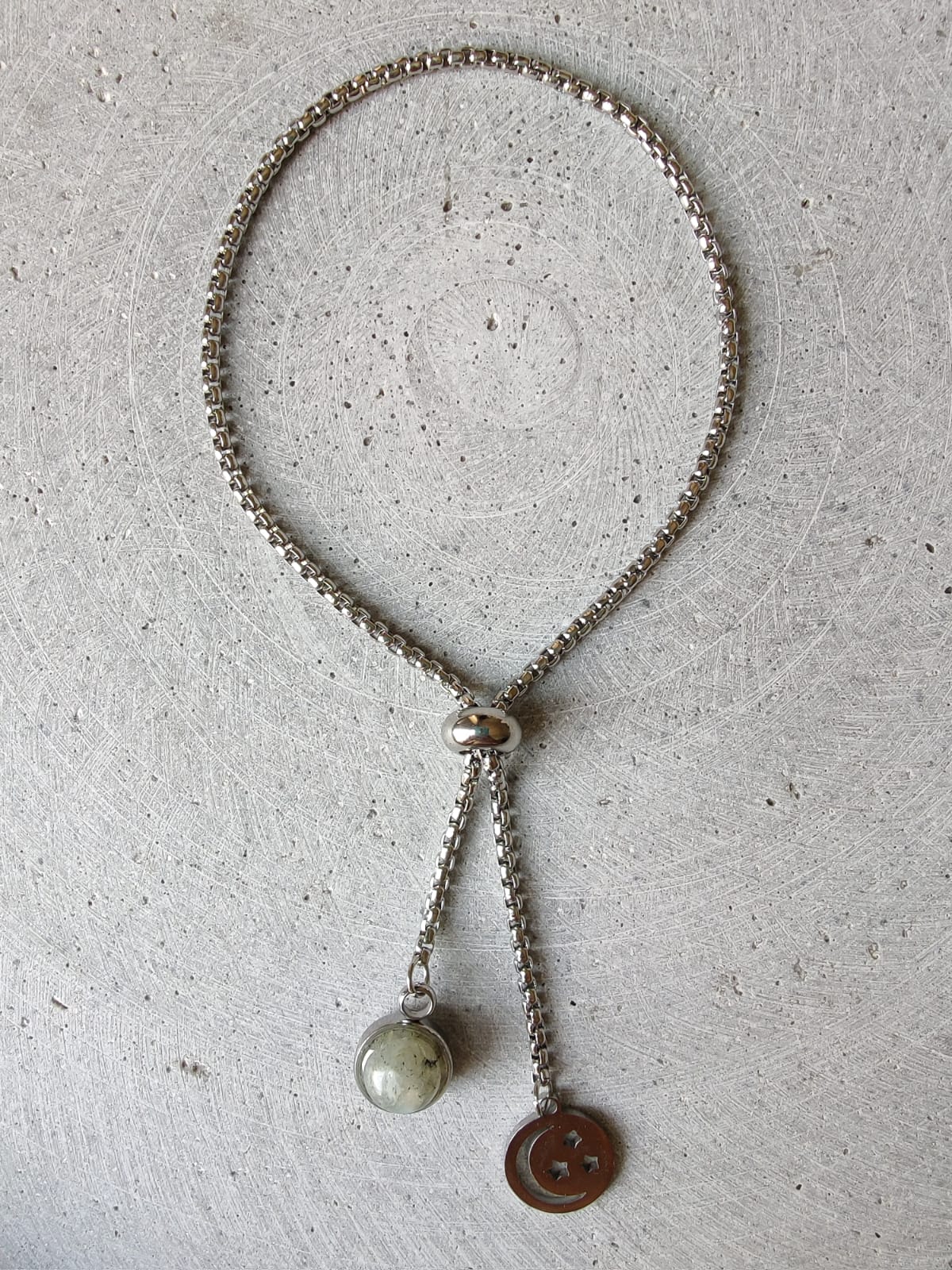 Labradorite Dangle Bracelet With Moon And Star Charm on Stainless Steel Box Chain