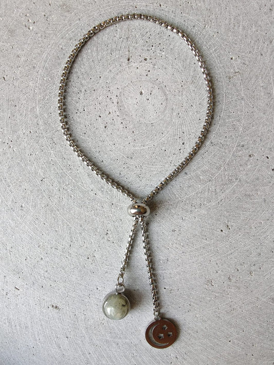 Labradorite Dangle Bracelet With Moon And Star Charm on Stainless Steel Box Chain