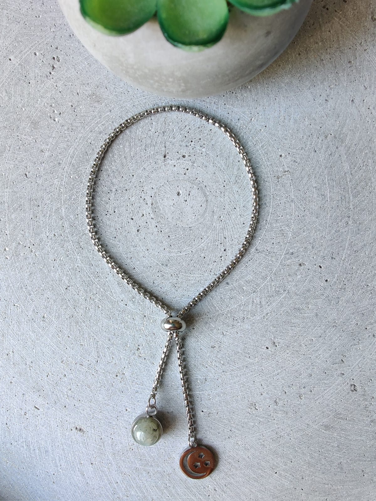 Labradorite Dangle Bracelet With Moon And Star Charm on Stainless Steel Box Chain
