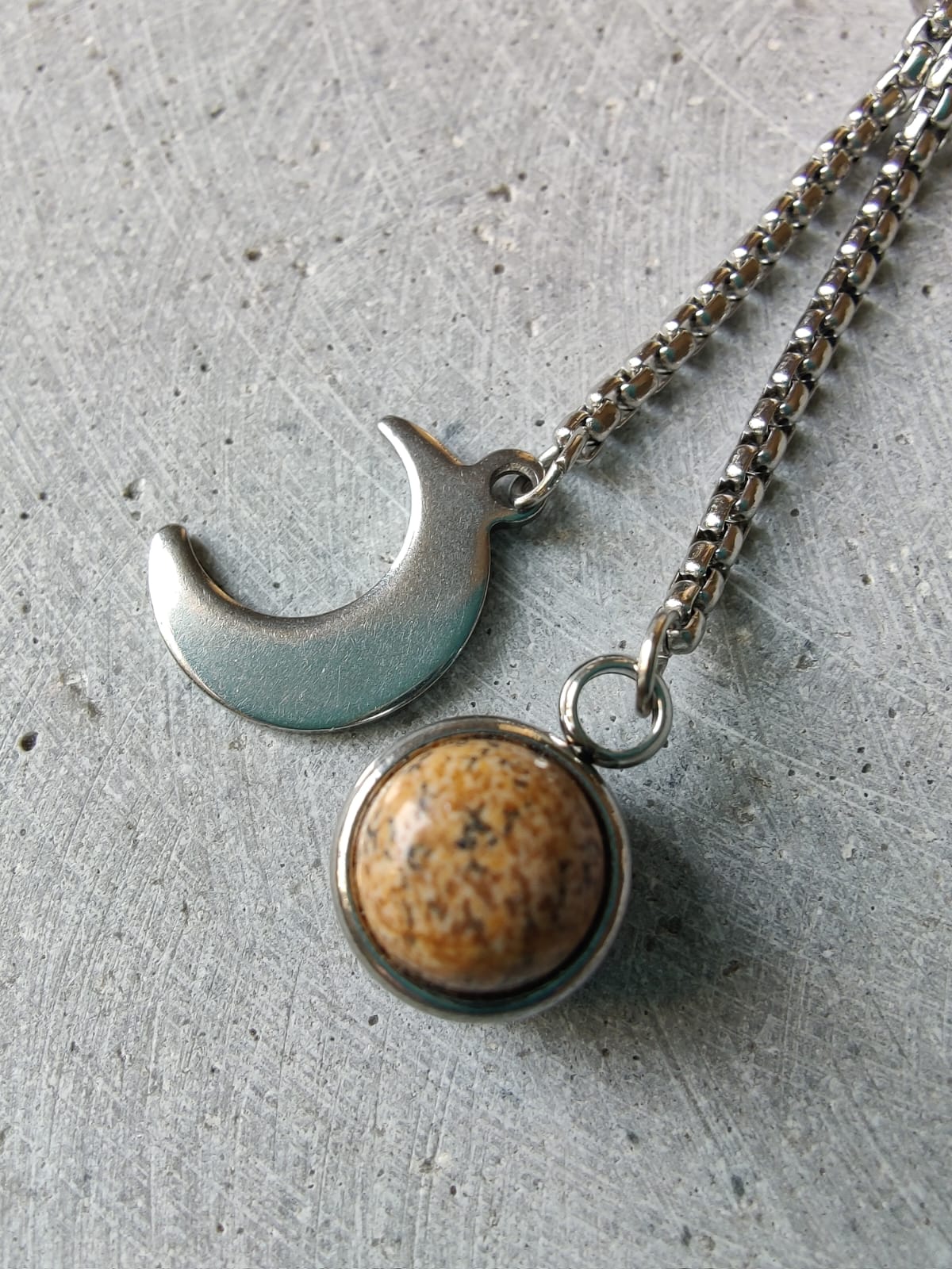 Picture Jasper Dangle Bracelet With Moon Charm on Stainless Steel Box Chain