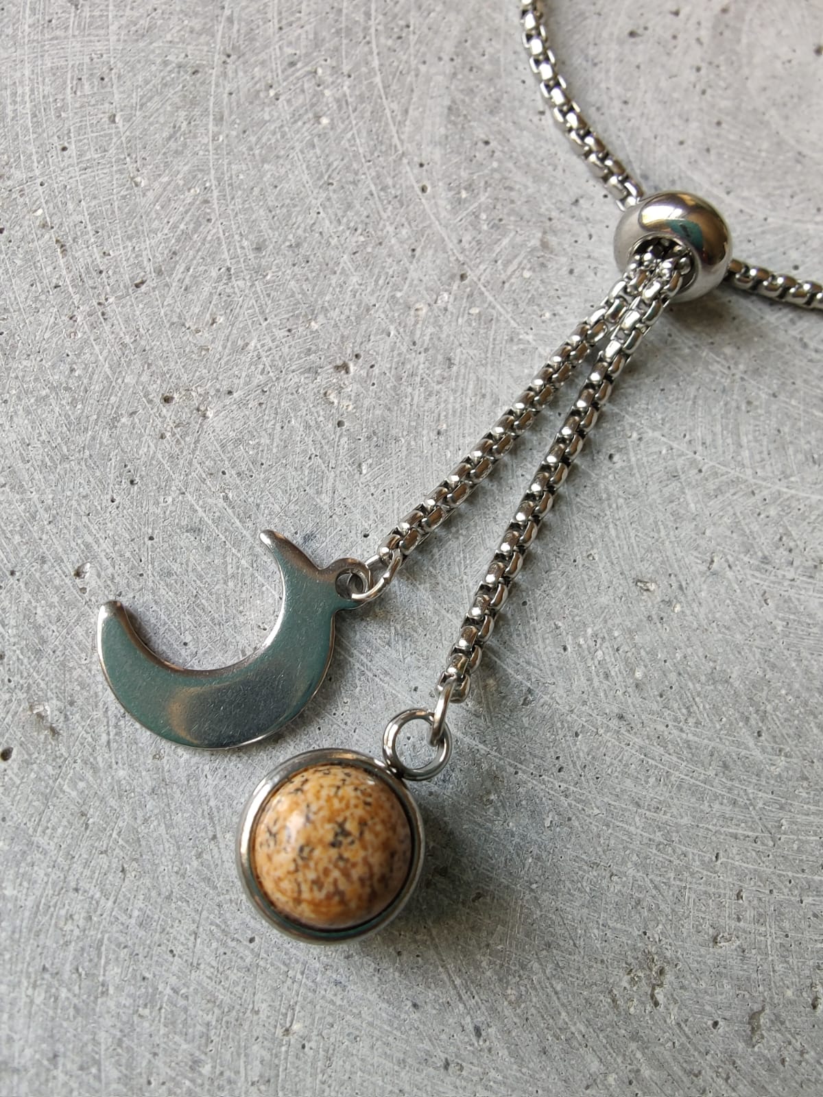 Picture Jasper Dangle Bracelet With Moon Charm on Stainless Steel Box Chain