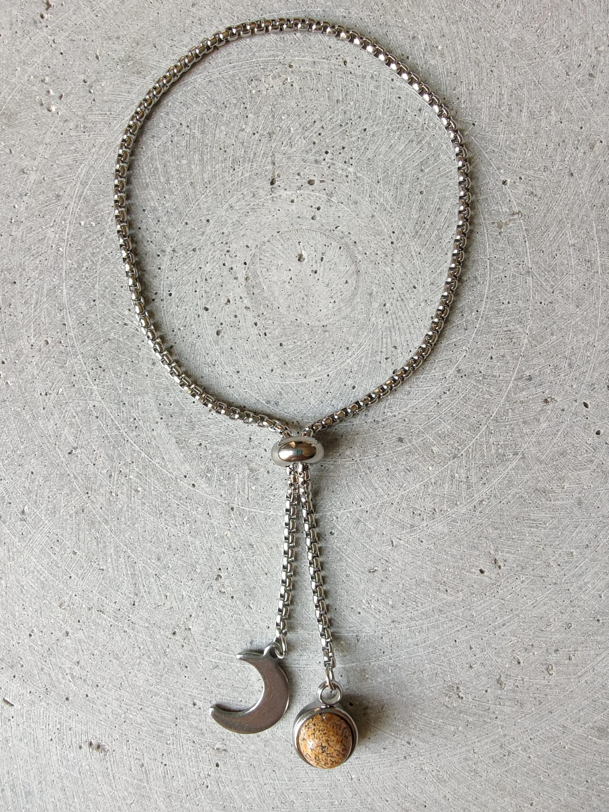 Picture Jasper Dangle Bracelet With Moon Charm on Stainless Steel Box Chain