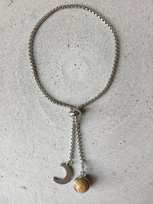 Picture Jasper Dangle Bracelet With Moon Charm on Stainless Steel Box Chain