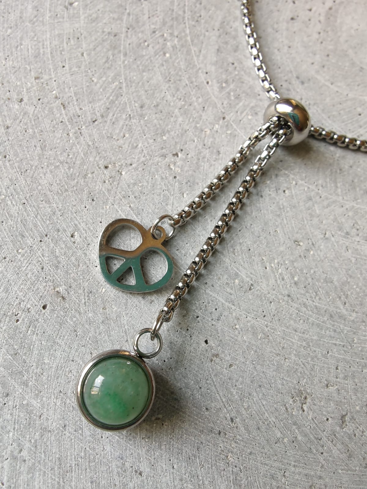 Green Aventurine Dangle Bracelet With Peace Heart Charm on Stainless Steel Box Chain