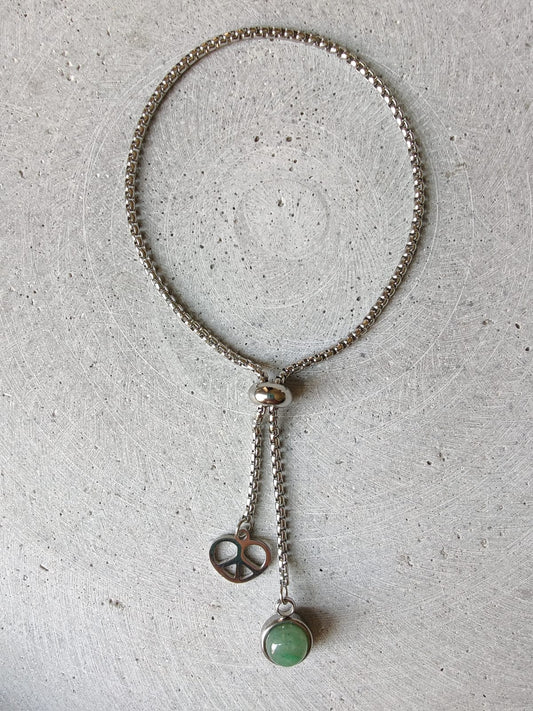Green Aventurine Dangle Bracelet With Peace Heart Charm on Stainless Steel Box Chain