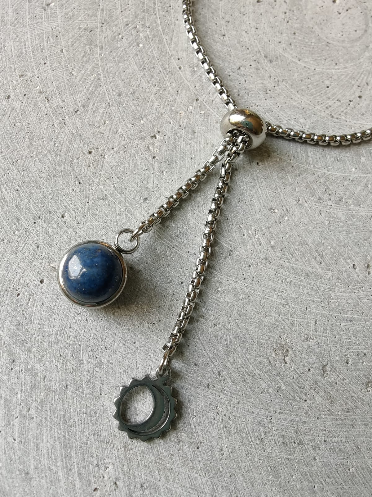 Lapis Lazuli Dangle Bracelet With Moon Charm on Stainless Steel Box Chain