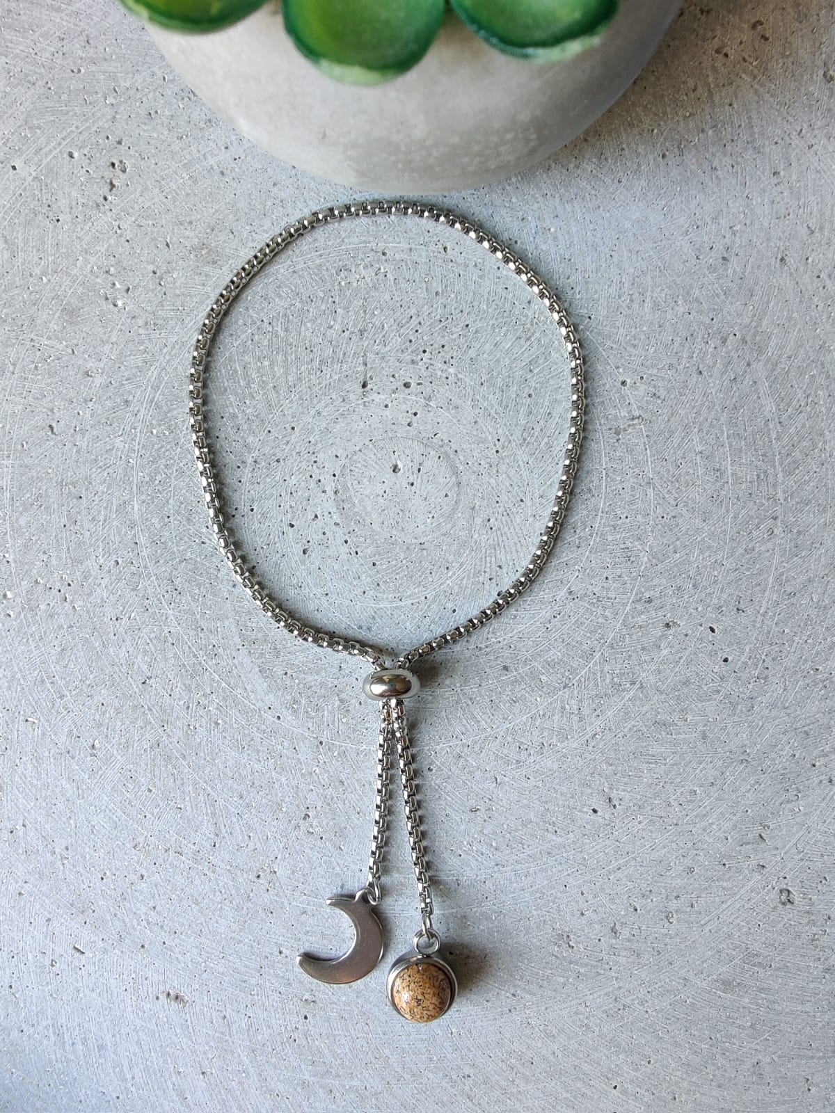 Picture Jasper Dangle Bracelet With Moon Charm on Stainless Steel Box Chain