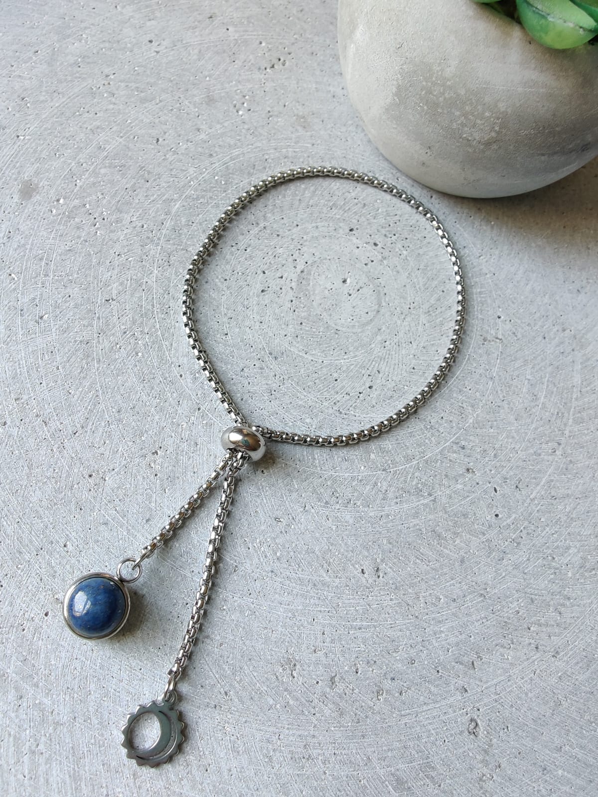Lapis Lazuli Dangle Bracelet With Moon Charm on Stainless Steel Box Chain