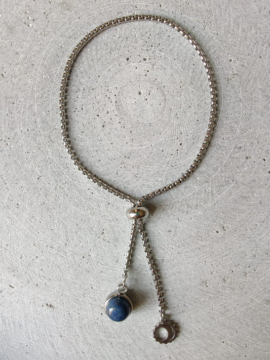 Lapis Lazuli Dangle Bracelet With Moon Charm on Stainless Steel Box Chain