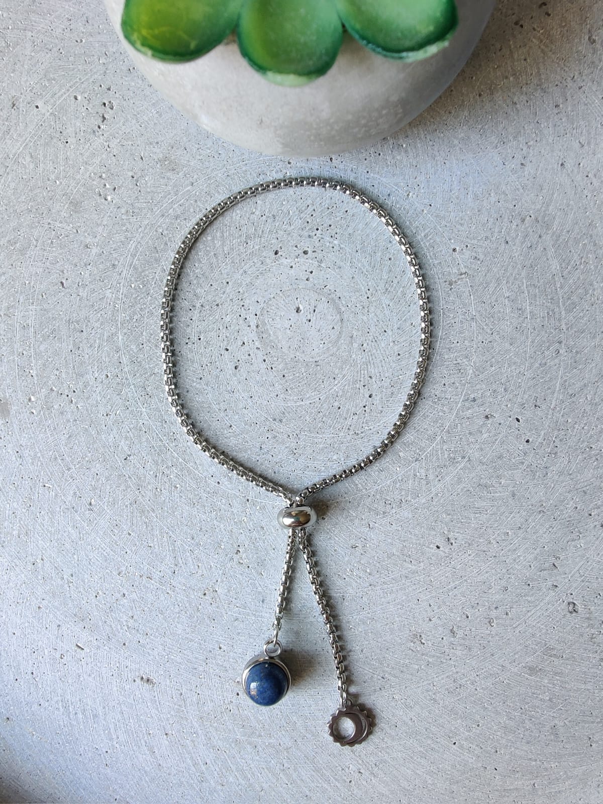 Lapis Lazuli Dangle Bracelet With Moon Charm on Stainless Steel Box Chain
