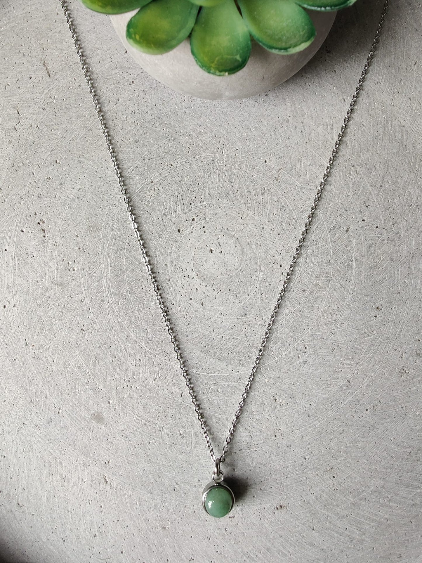 Circular Green Avenurine Drop Necklace on Stainless Steel Box Chain