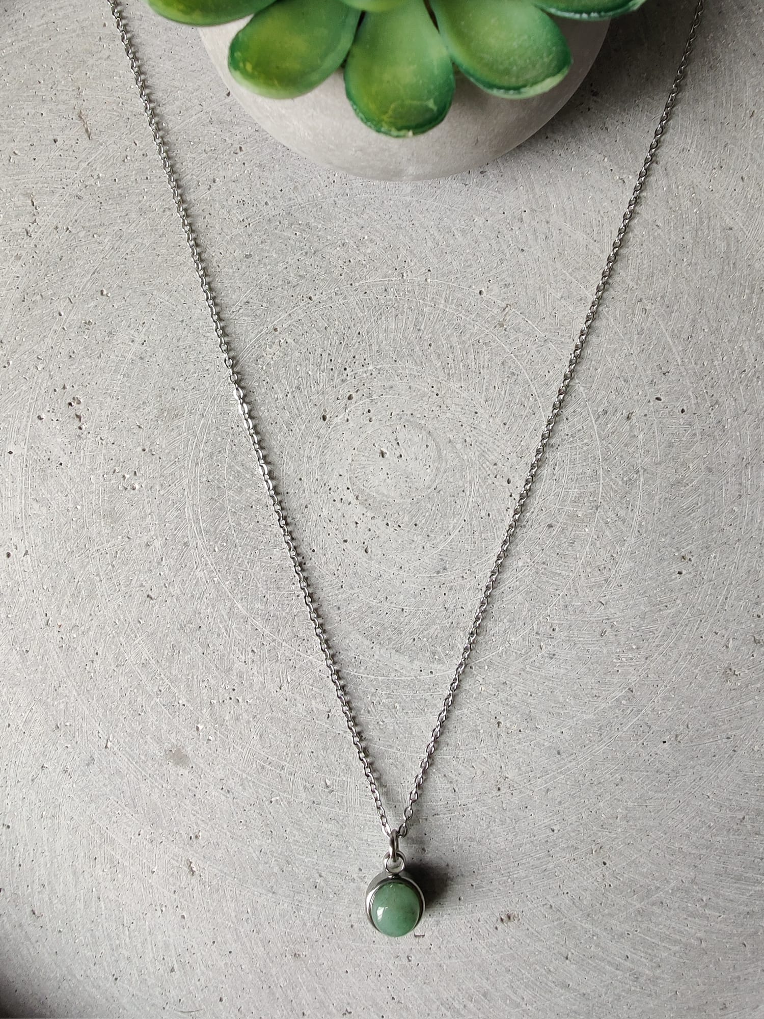 Circular Green Avenurine Drop Necklace on Stainless Steel Box Chain