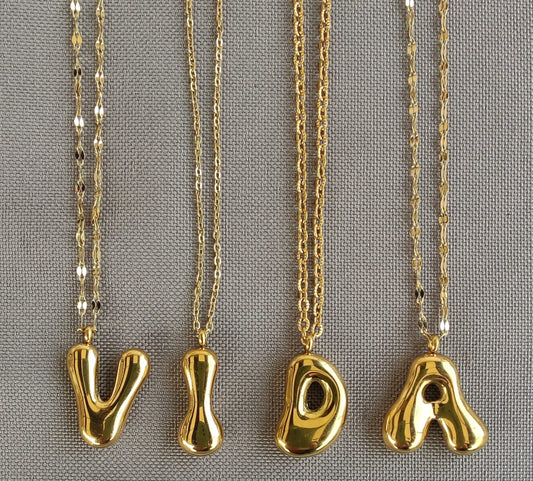 Gold Bubble Initial Letter Stainless Steel Necklace