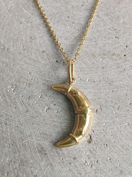 Moon With Star Detail Gold Tone Stainless Steel Necklace