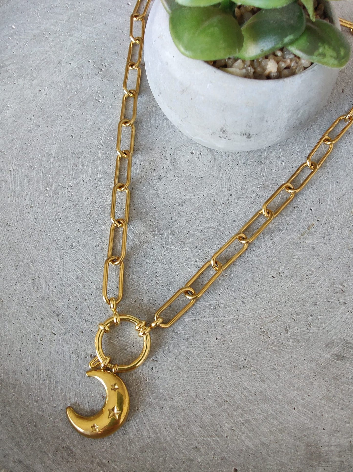 Paperclip Chain Gold Tone Stainless Steel Moon Charm Neklace