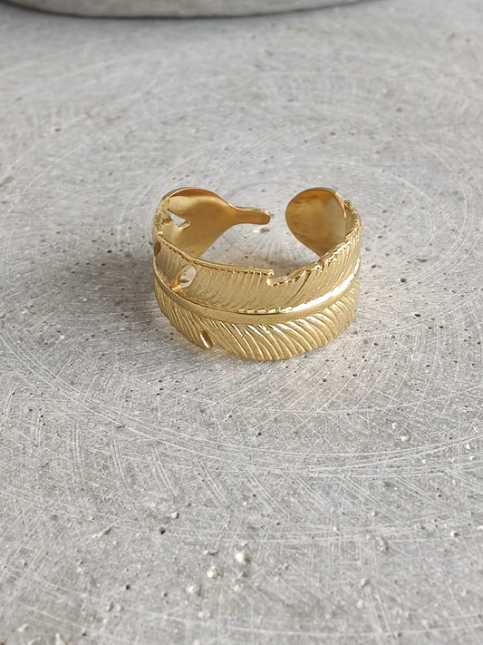 Feather Gold Tone Stainless Steel Adjustable Ring
