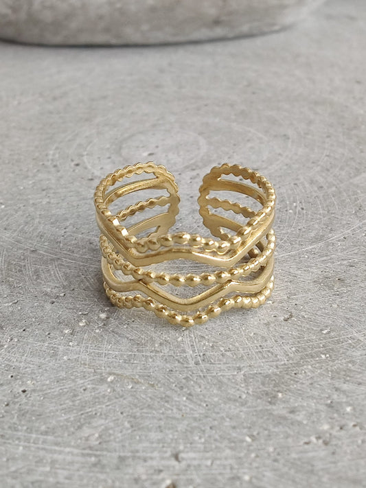 Layered Zig Zag Gold Tone Stainless Steel Adjustable Ring
