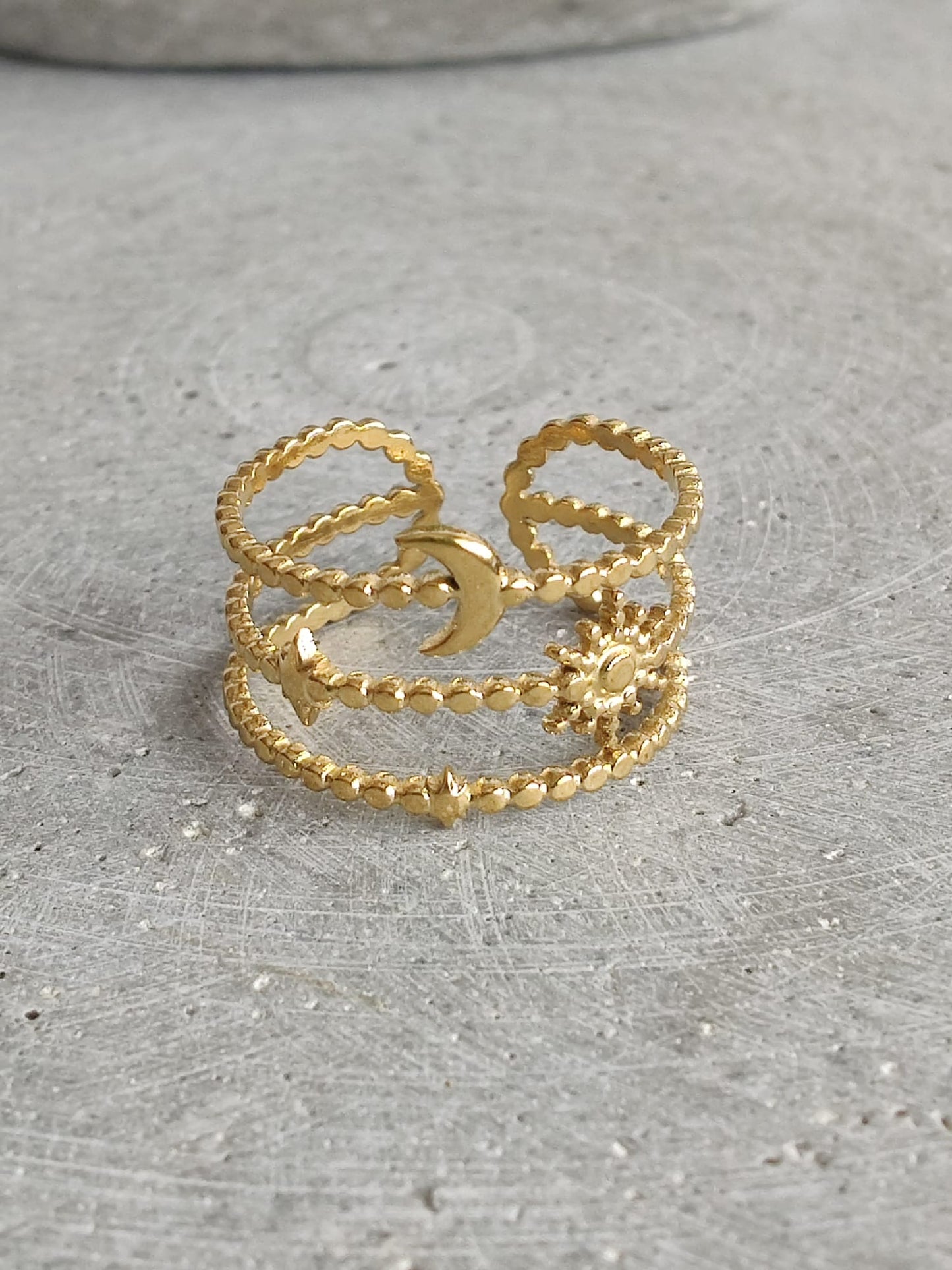 Sun & Moon Triple Layer Gold Tone Stainless Steel Adjustable Ring