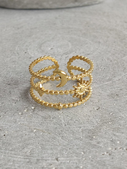 Sun & Moon Triple Layer Gold Tone Stainless Steel Adjustable Ring