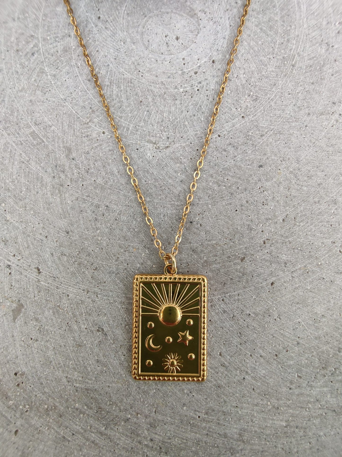 Sun Moon Stars Gold Tone Stainless Steel Necklace