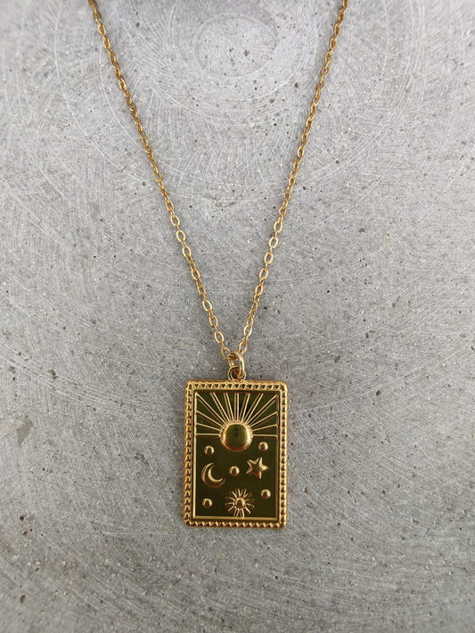Sun Moon Stars Gold Tone Stainless Steel Necklace