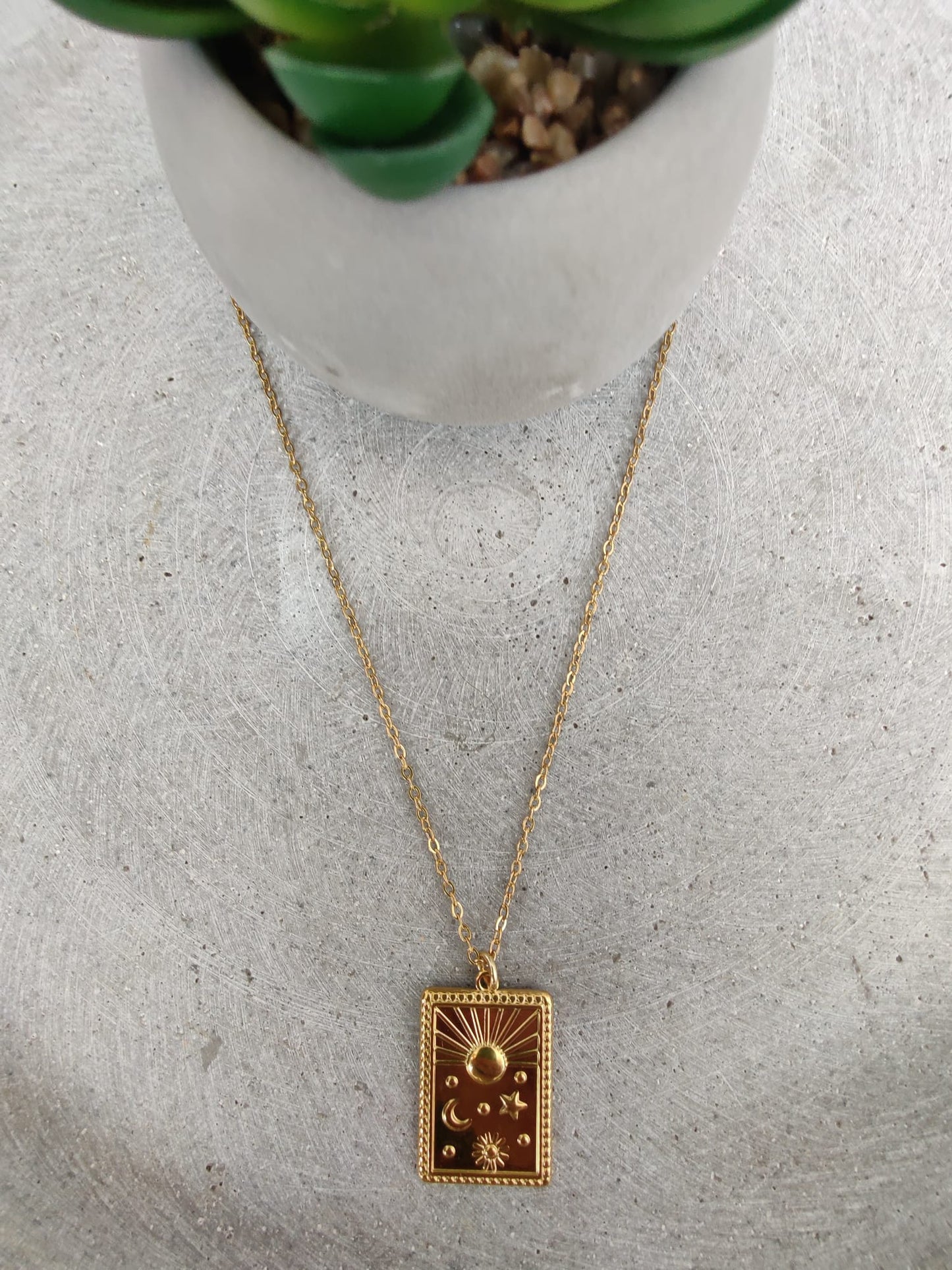 Sun Moon Stars Gold Tone Stainless Steel Necklace
