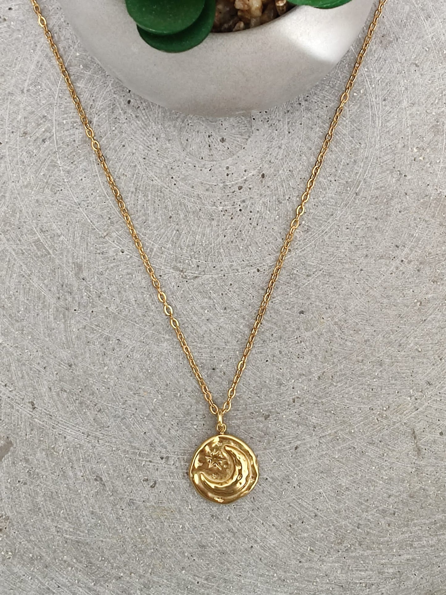 Circular Moon & Star Gold Tone Stainless Steel Coin Necklace