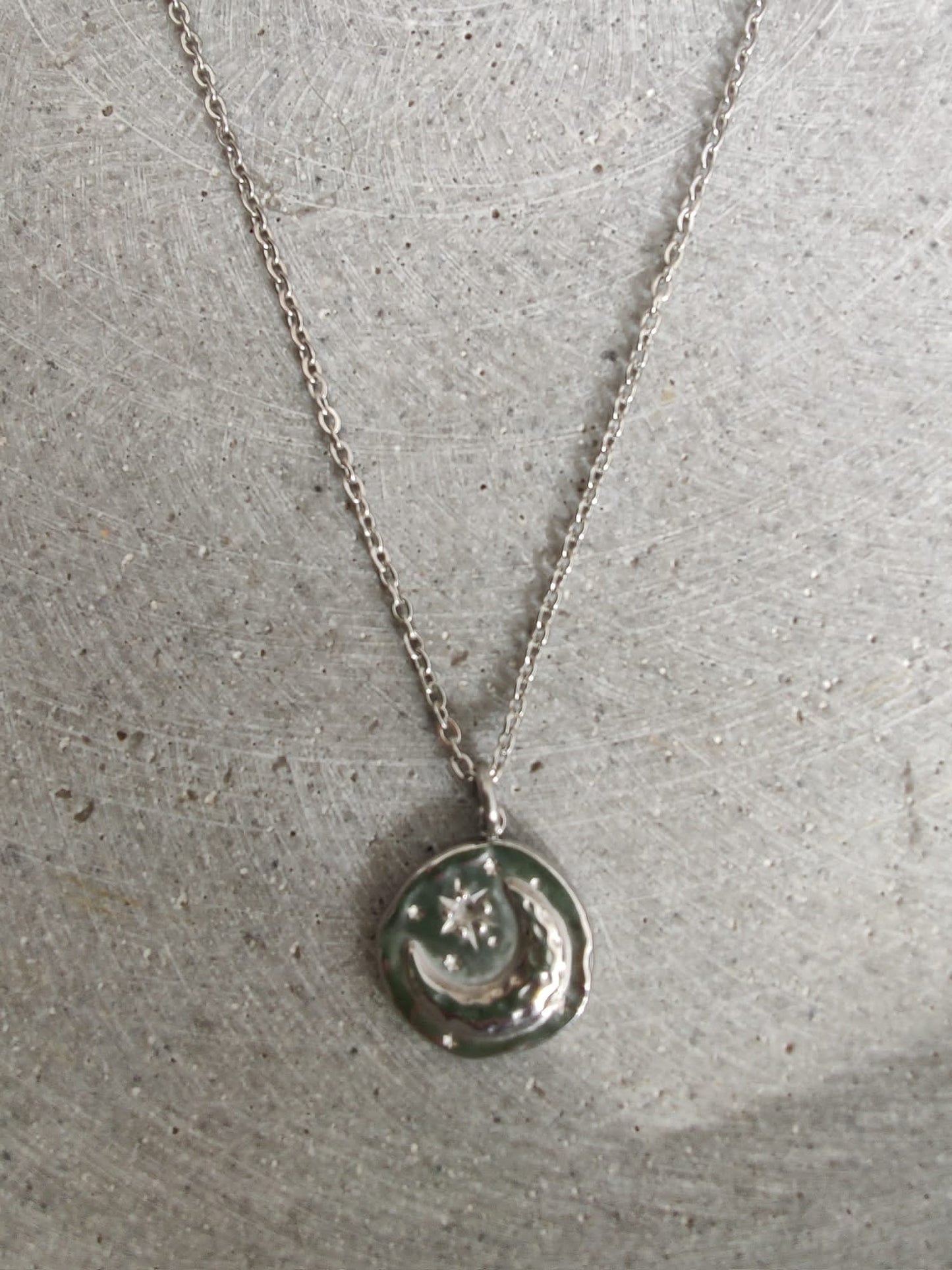 Circular Moon & Star Stainless Steel Coin Necklace