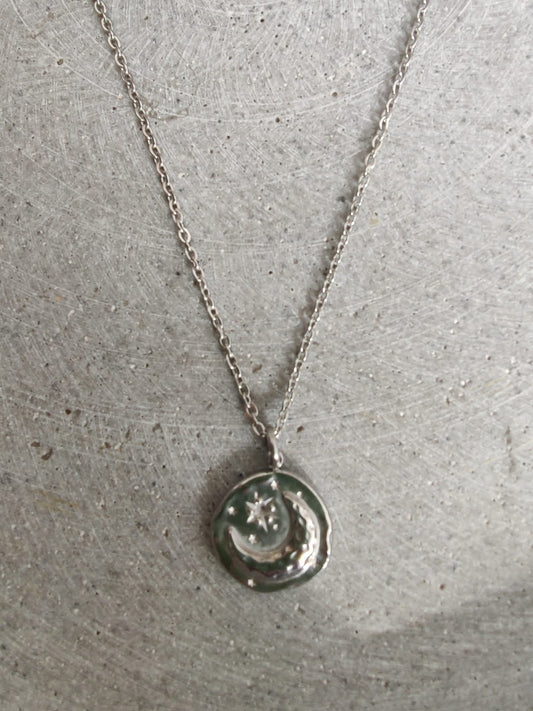 Circular Moon & Star Stainless Steel Coin Necklace