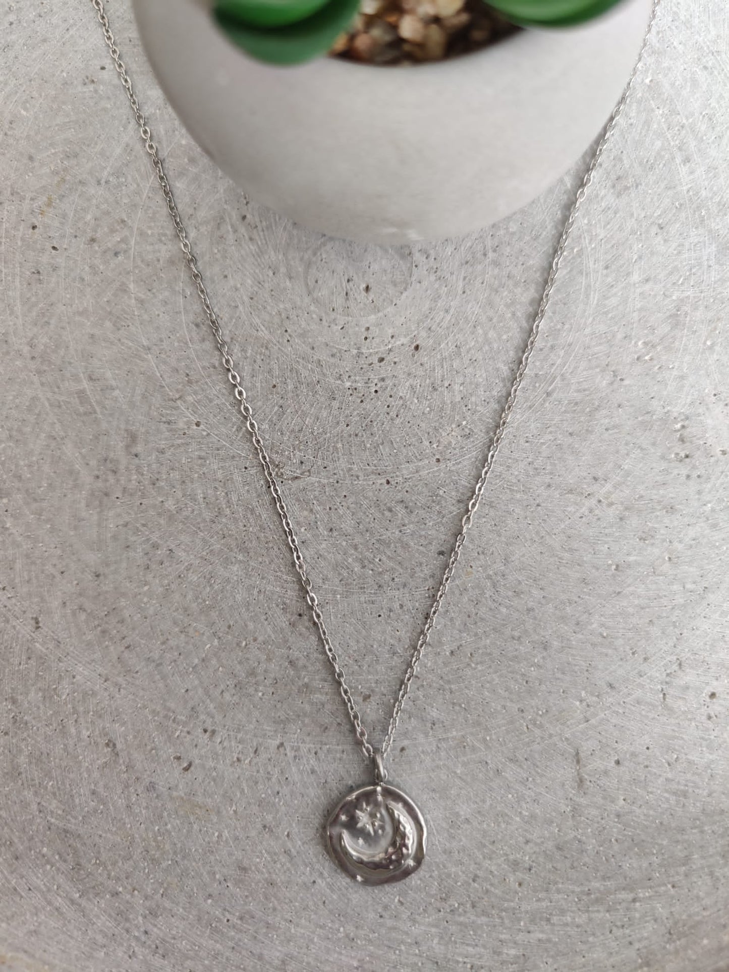 Circular Moon & Star Stainless Steel Coin Necklace