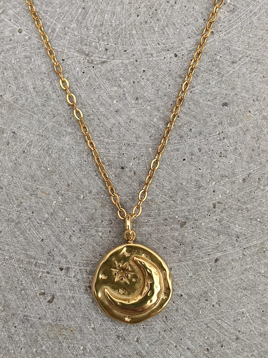 Circular Moon & Star Gold Tone Stainless Steel Coin Necklace
