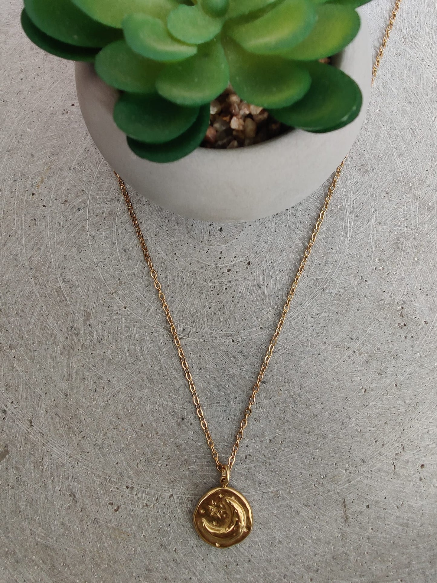 Circular Moon & Star Gold Tone Stainless Steel Coin Necklace