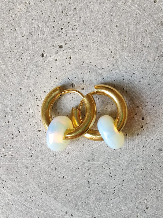 Opalite Donut Earrings on 15mm Gold Tone Stainless Steel Huggie