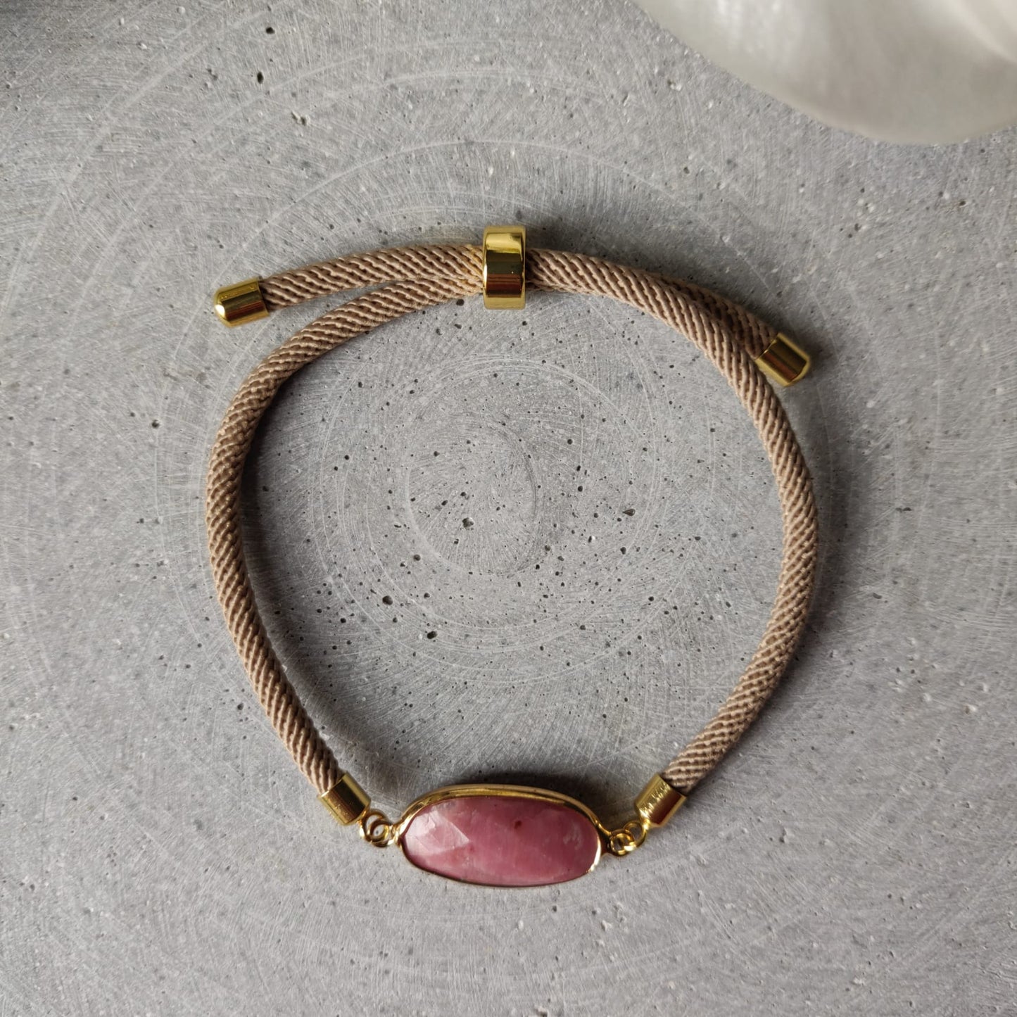 Rhodochrosite Adjustable Bracelet on a Taupe Twisted Cord