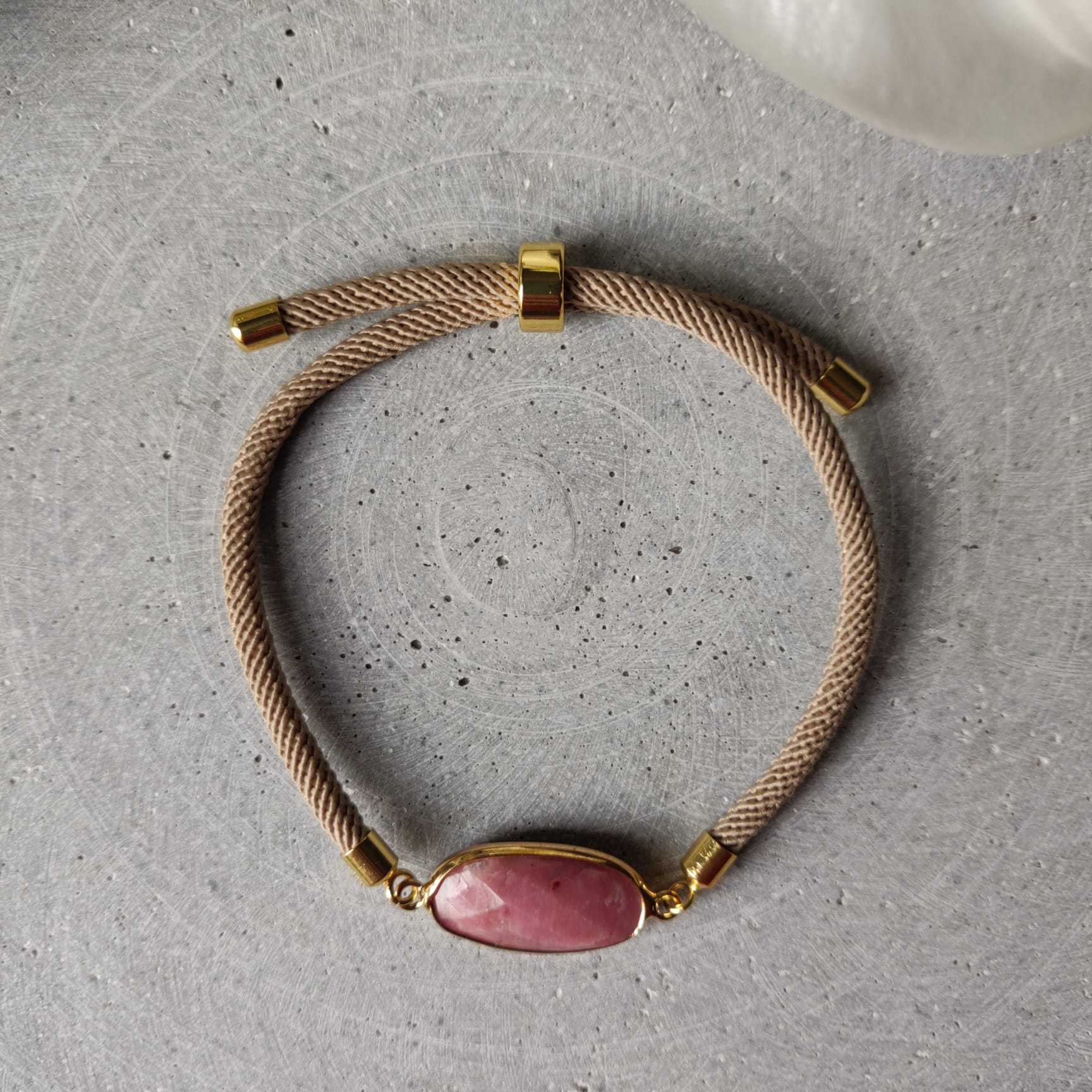 Rhodochrosite Adjustable Bracelet on a Taupe Twisted Cord