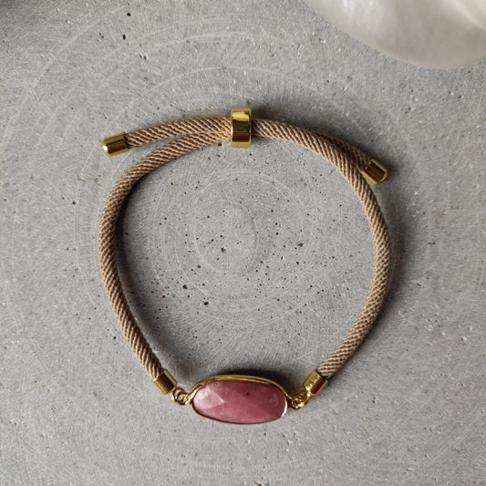 Rhodochrosite Adjustable Bracelet on a Taupe Twisted Cord