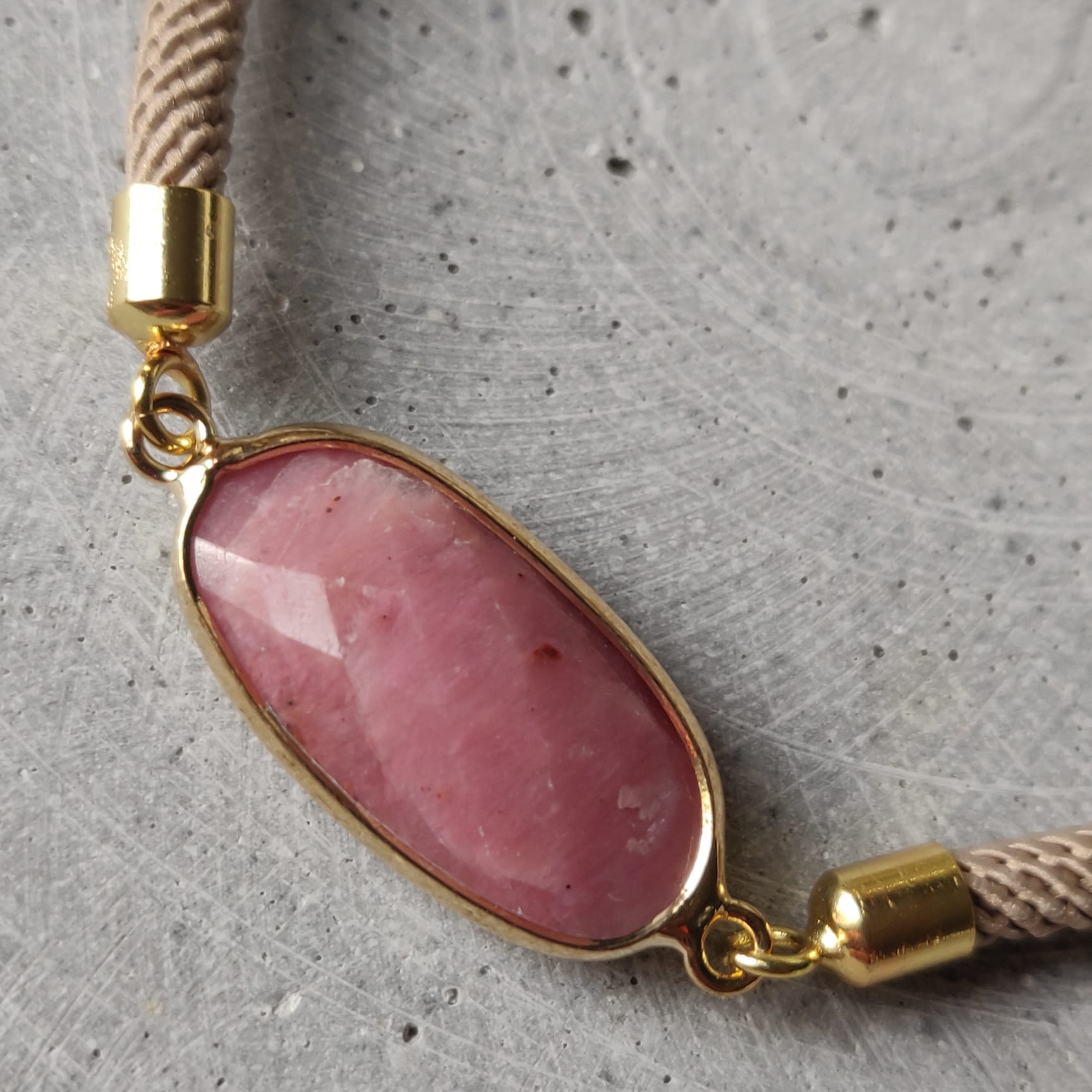 Rhodochrosite Adjustable Bracelet on a Taupe Twisted Cord